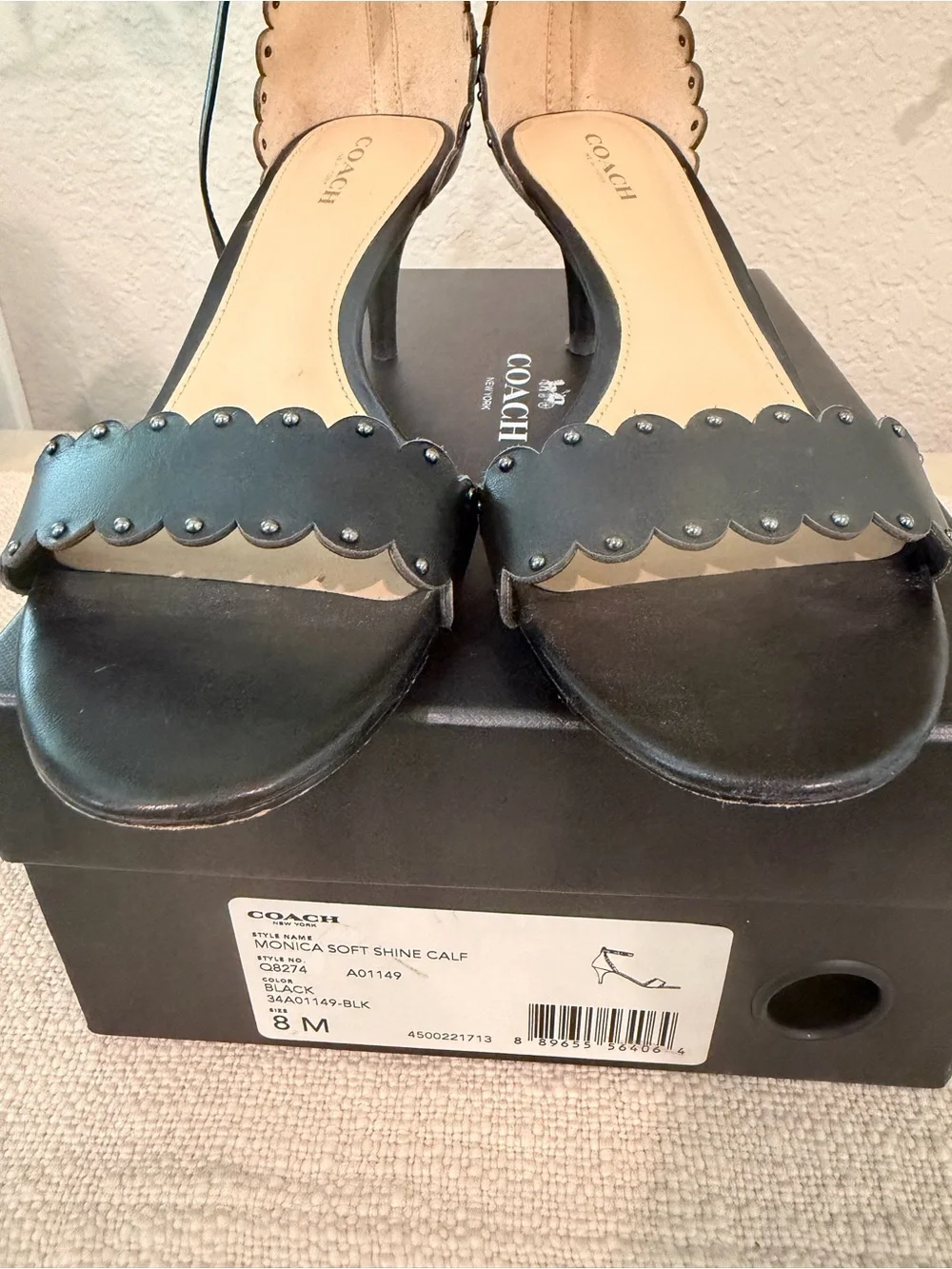 Coach Black Scalloped Ankle-Strap Heels with Stud Accents